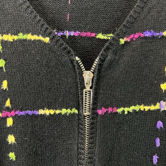 Vtg Christopher & Banks Black Zip Cardigan Sweater Multicolor Grid Knit Size M - Picture 4 of 8